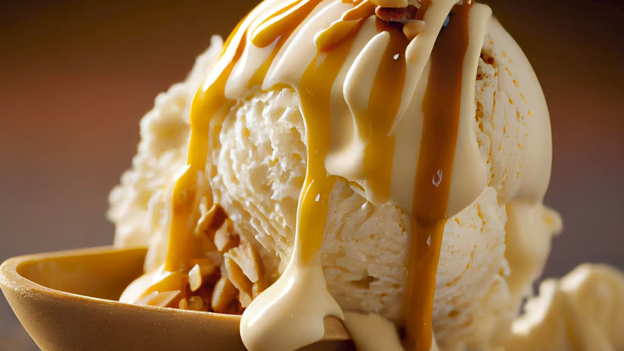 A bowl of melted leftover ice cream topped with caramel sauce and nuts