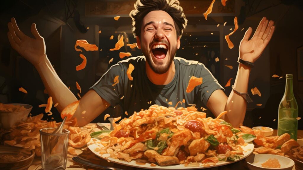A man enjoying a perfect plate of homemade loaded fries and other fast food 