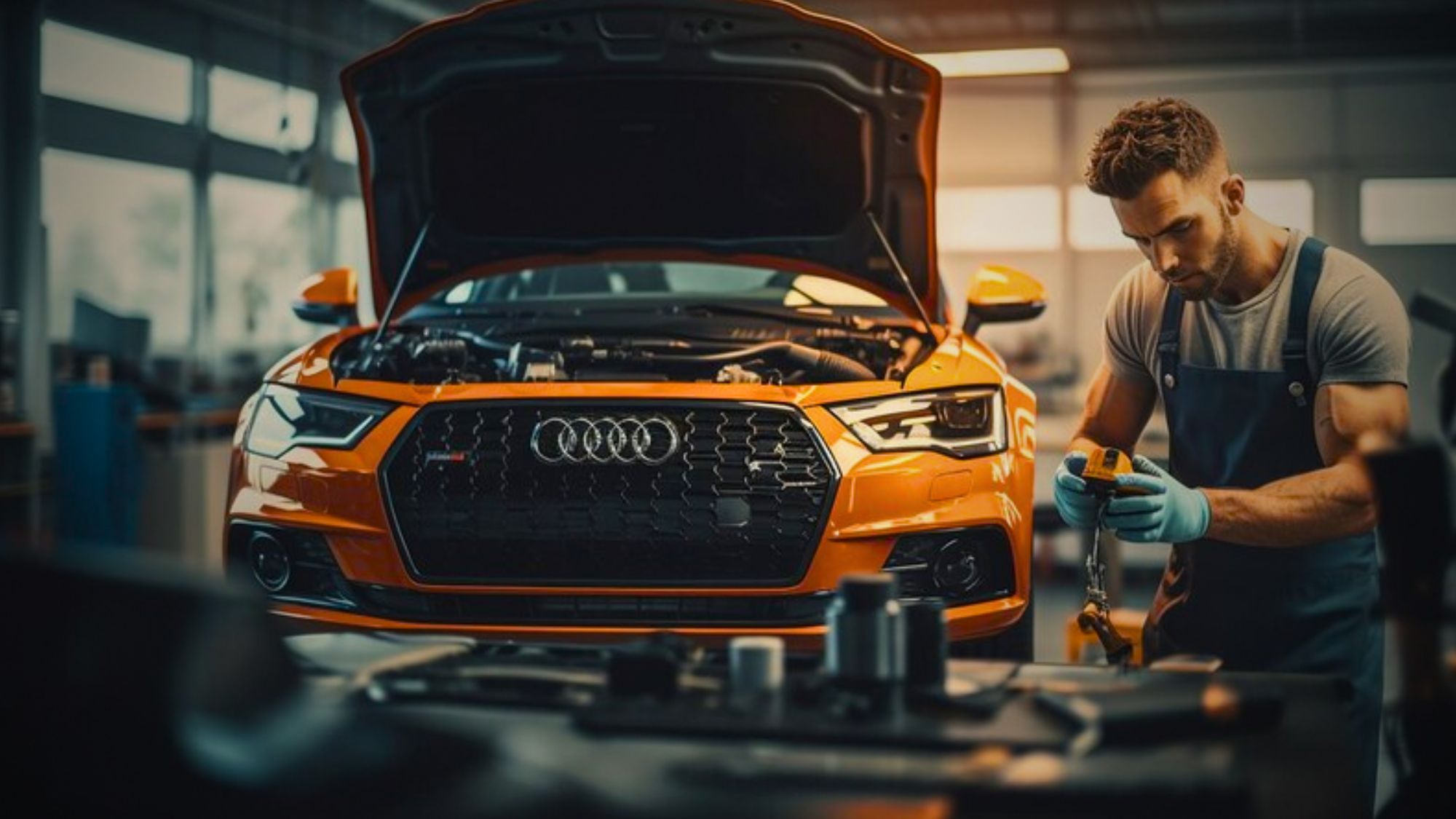 A mechanic doing car tuning of an Audi