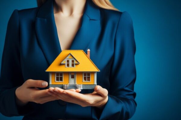 A professional woman holding a house model, symbolizing success in the rental home industry