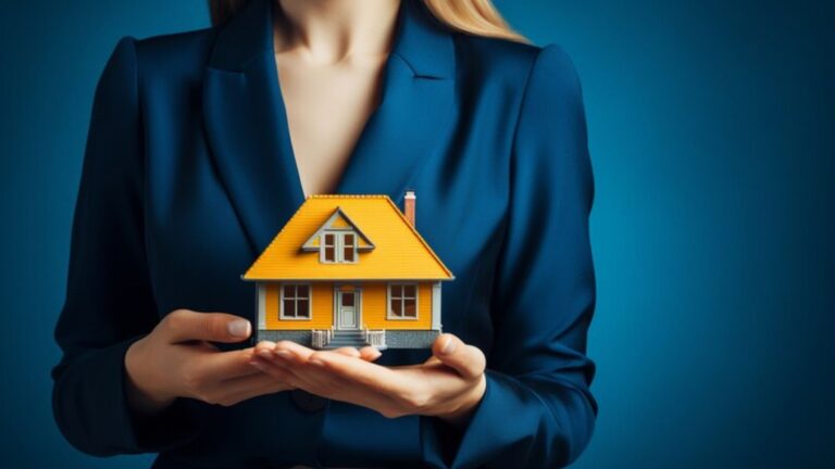 A professional woman holding a house model, symbolizing success in the rental home industry