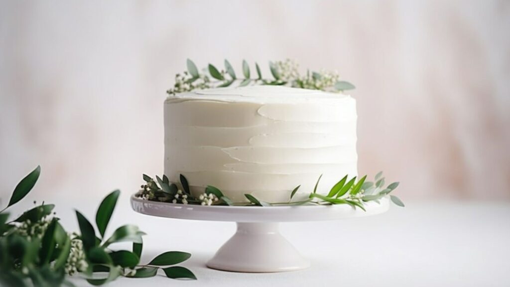 A white cake adorned with melted leftover ice cream & greenery on top